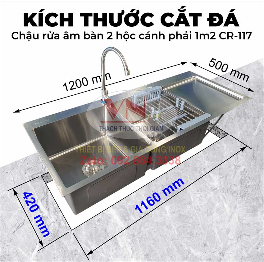 Thông tin cắt mặt đá lắp chậu rửa inox âm bàn 2 hộc cánh phải 1m2 CR-117 theo kích thước