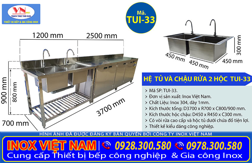 Kích Thước Hệ Tủ Và Chậu Rửa Inox 2 Hộc TUI-33 Tại Inox Việt Nam