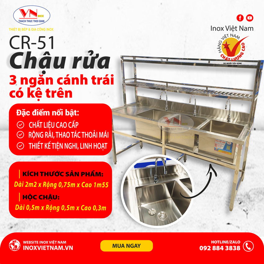 Đây là địa chỉ bán chậu rửa inox công nghiệp lớn giá tốt tại tphcm. Liên hệ Inox Việt Nam ngay, xem mẫu CR-51 và nhiều mẫu khác