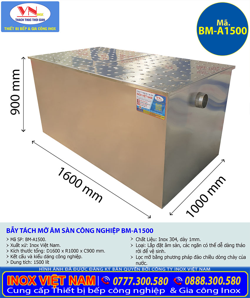 Thông số kỹ thuật của bể tách mỡ âm sàn 1500 lít BM-A1500