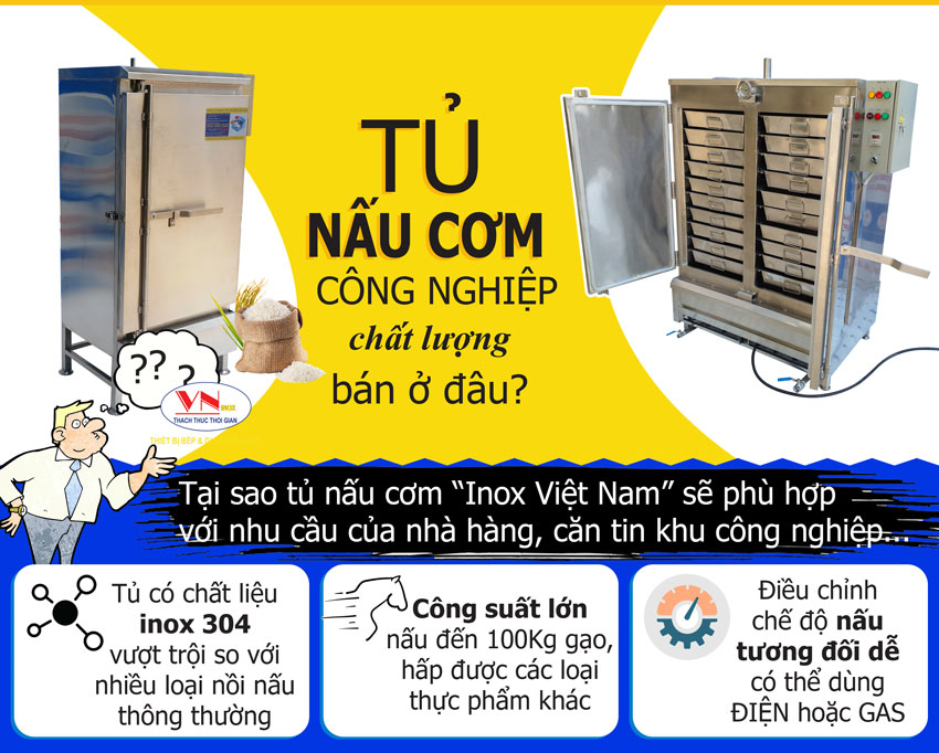 tủ hấp cơm công nghiệp bằng điện và gas mua ở đâu tốt. Hãy đến với Inox Việt Nam.