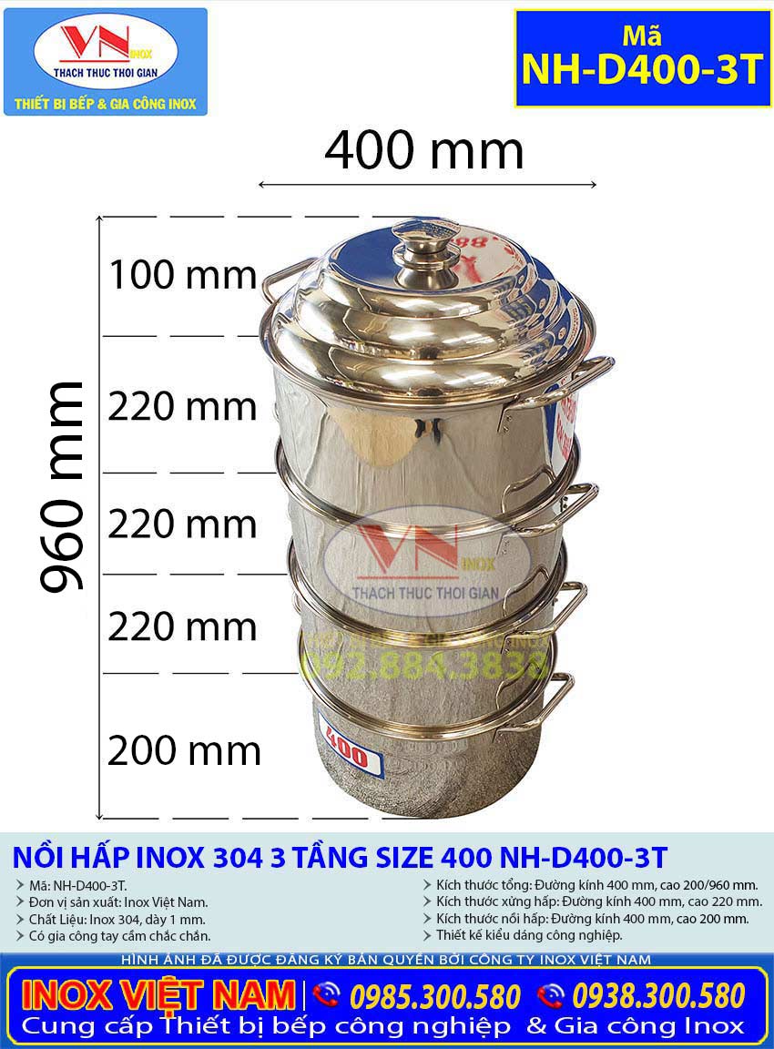 Thông Số Kỹ Thuật Bộ Xoong Nồi Inox 304 3 Tầng Size 400 NH-D400-3T Giá Tốt Chất Lượng