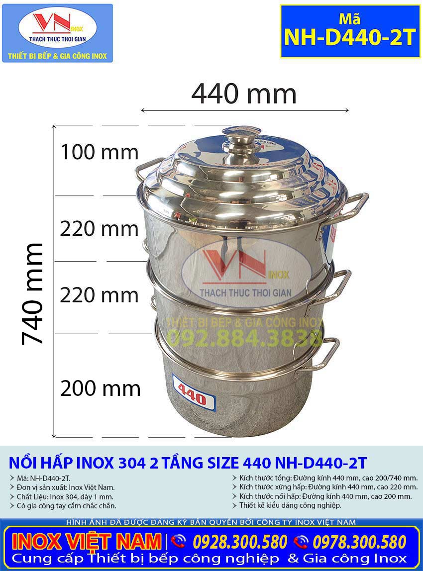 Thông Số Kỹ Thuật Bộ Xoong Nồi Inox 304 2 Tầng Size 440 NH-D440-2T Uy Tín