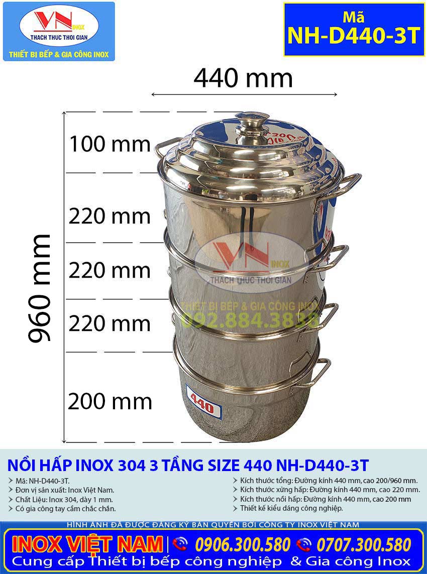 Thông Số Kỹ Thuật Bộ Xoong Nồi Hấp Inox 304 3 Tầng Size 440 NH-D440-3T An Toàn Vệ Sinh Thực Phẩm