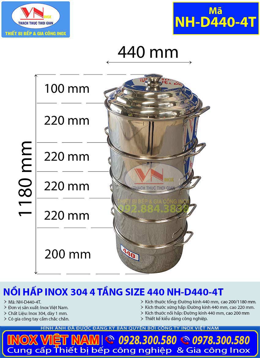 Thông Số Kỹ Thuật Bộ Xoong Nồi Hấp Inox 304 4 Tầng Size 440 NH-D440-4T Đa Năng