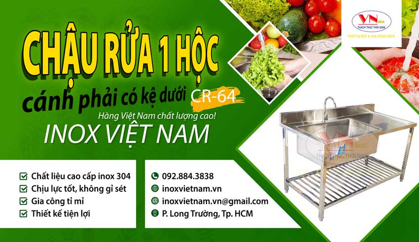 Liên Hệ Inox Việt Nam ngay để được tư vấn Báo Giá Chậu Rửa Inox 304 Dài 1M6 Có Kệ Song Dưới CR-64