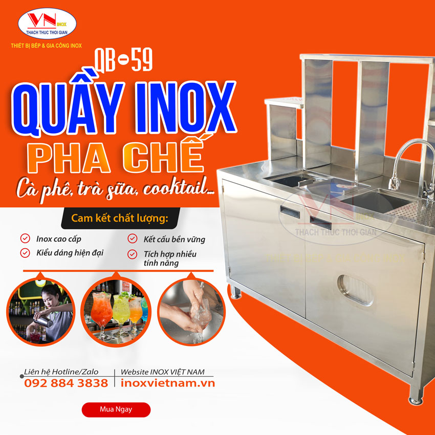 Quầy Inox Pha Chế Trà Sữa QB-59. Quầy Pha Chế Cafe, Quầy Inox Pha Chế Trà Sữa Có Chậu Rửa Đẹp