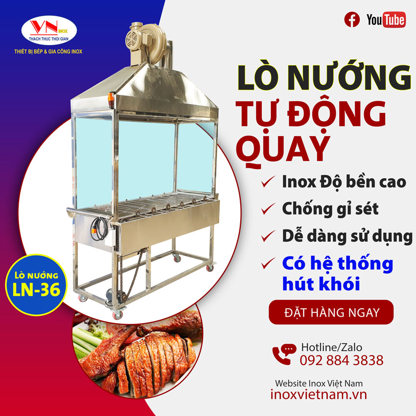 Sản phẩm lò nướng than inox có mái che mút hút khói và moto quay gà vịt các loại món nướng tự động không cần sức người ngồi canh lửa