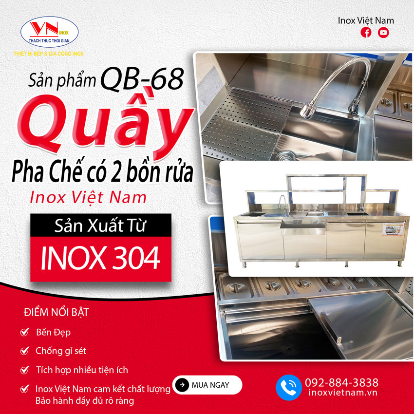 Quầy pha chế cafe trà sữa đẹp bằng inox 304 giá tại xưởng sản xuất Inox Việt Nam. Mẫu QB-68. Nếu chọn mẫu khác hãy liên hệ chúng tôi