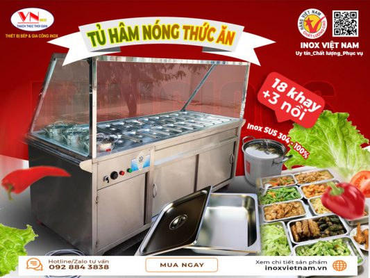 Mẫu tủ hâm nóng thức ăn bán cơm có 18 khay và nồi có tại showroom, do chúng tôi Inox Việt Nam sản xuất.