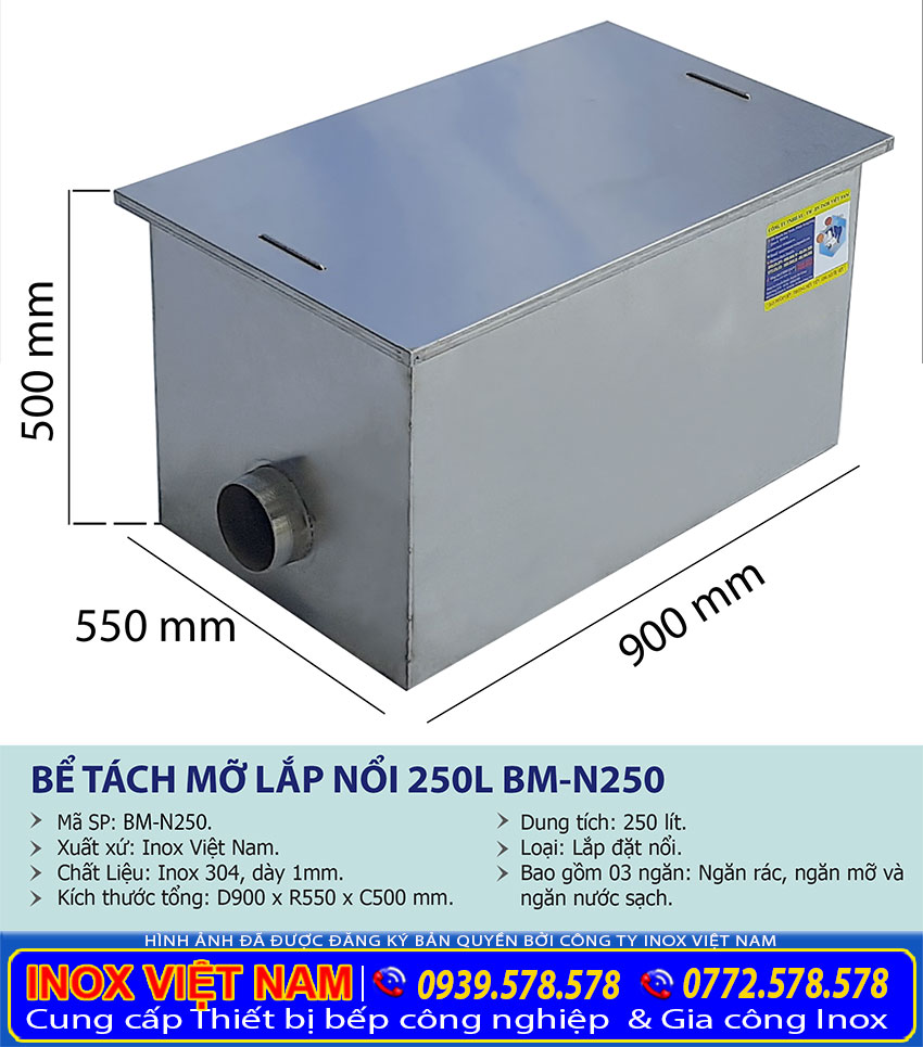 Thông số kỹ thuật hố ga bể tách mỡ inox 250 lít BM-N250