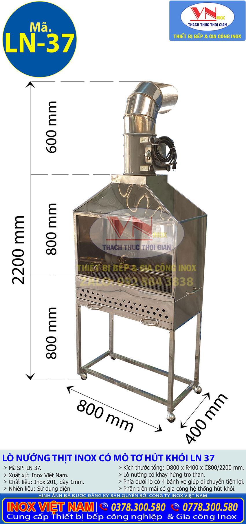 Thông số kỹ thuật lò nướng thịt bằng than có mô tơ ống hút khói LN-37