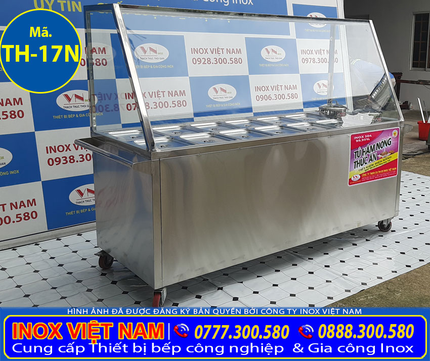 Mẫu tủ bán cơm giữ nóng thức ăn có 12 khay và 2 nồi giá tốt tại xưởng Inox Việt Nam