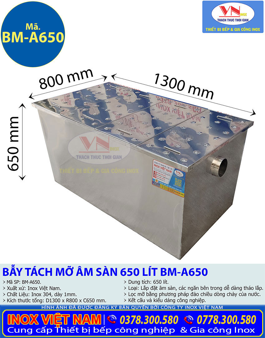 Thông số kỹ thuật hộp bẫy tách mỡ thu gôm rác nhà bếp 650 lít BM-A650 chất lượng
