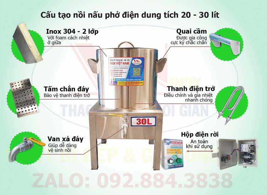 Đây là cấu tạo nồi nấu phở bằng điện có dung tích từ 20 lít đến 30 lít tại Inox Việt Nam.