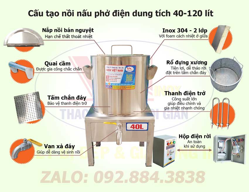 Đây là cấu tạo nồi nấu phở bằng điện có dung tích từ 40 lít đến 120 lít tại Inox Việt Nam.