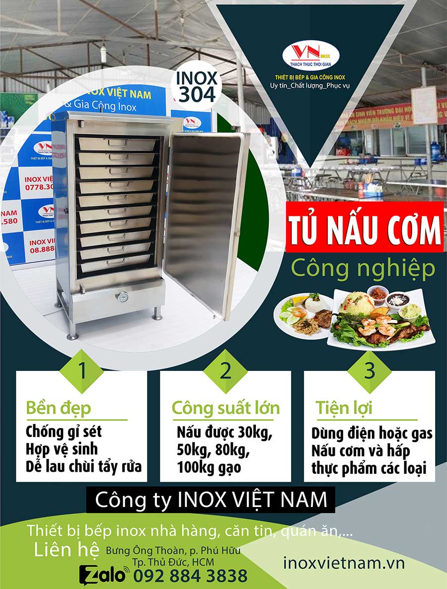 Review tủ nấu cơm công nghiệp công suất lớn sử dụng nhiên liệu điện và gas giá tốt tại xưởng Inox Việt Nam uy tín chất lượng