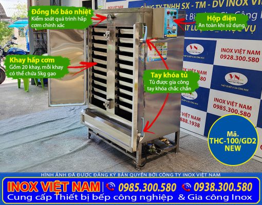 Tủ hấp cơm công nghiệp sử dụng điện và gas công suất lớn, nấu 100 ký gạo thế hệ mới tại Inox Việt Nam
