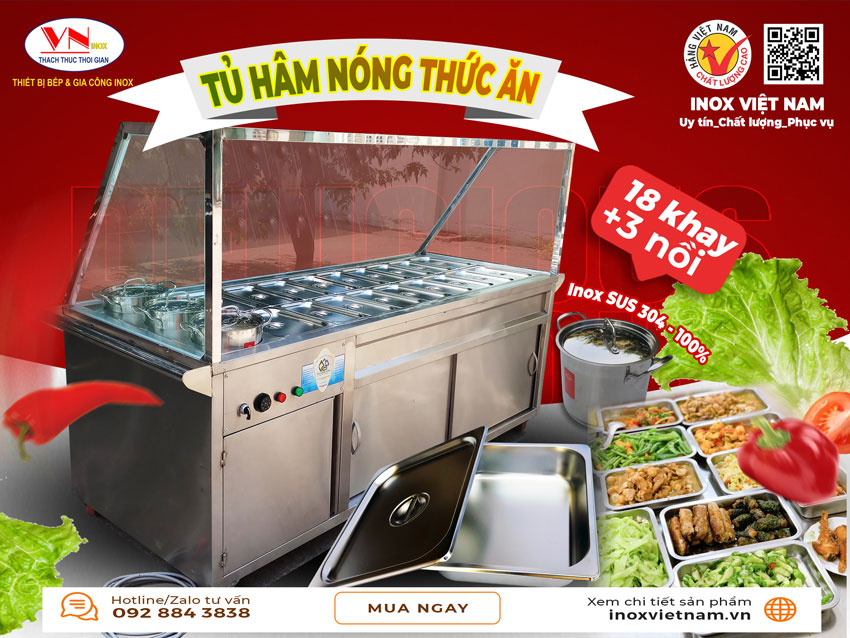 Hình ảnh review tủ hâm nóng thức ăn, tủ giữ nóng thức ăn cho quán cơm bình dân và nhà hàng có 18 khay topping và 3 nồi canh giá tốt tại Inox Việt Nam