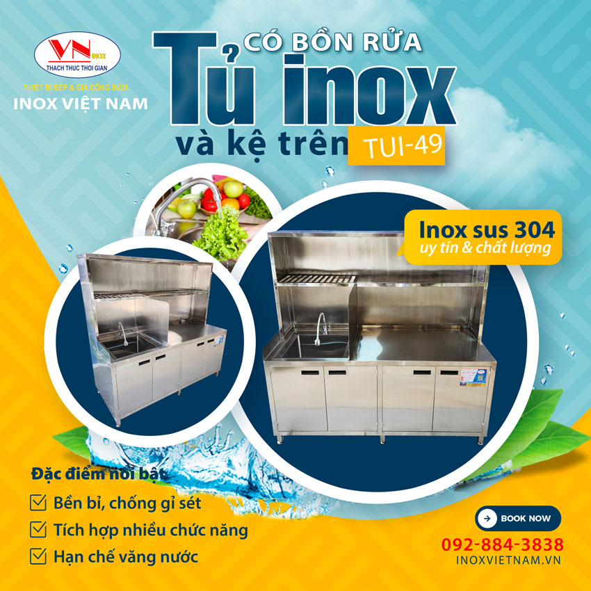 Tủ inox đựng chén bát có tích hợp chậu rửa chén bát sản phẩm uy tín chất lượng tại nhà sản xuất Inox Việt Nam