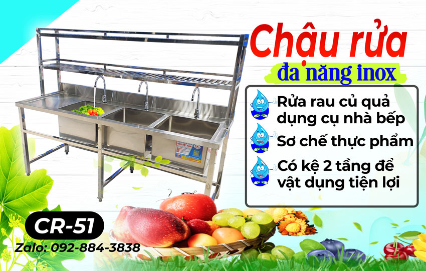 Báo giá chậu rửa inox 304 có 3 hộc có kệ trên cho quán cafe CR-51