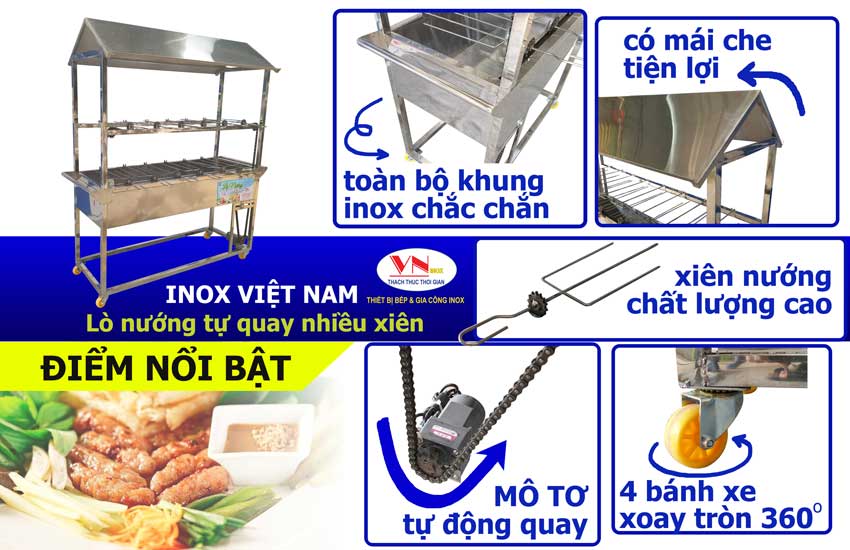 Bếp nướng than inox BBQ chân cao có mô tơ xiên que quay tự động giá tốt do Inox Việt Nam trực tiếp sản xuất