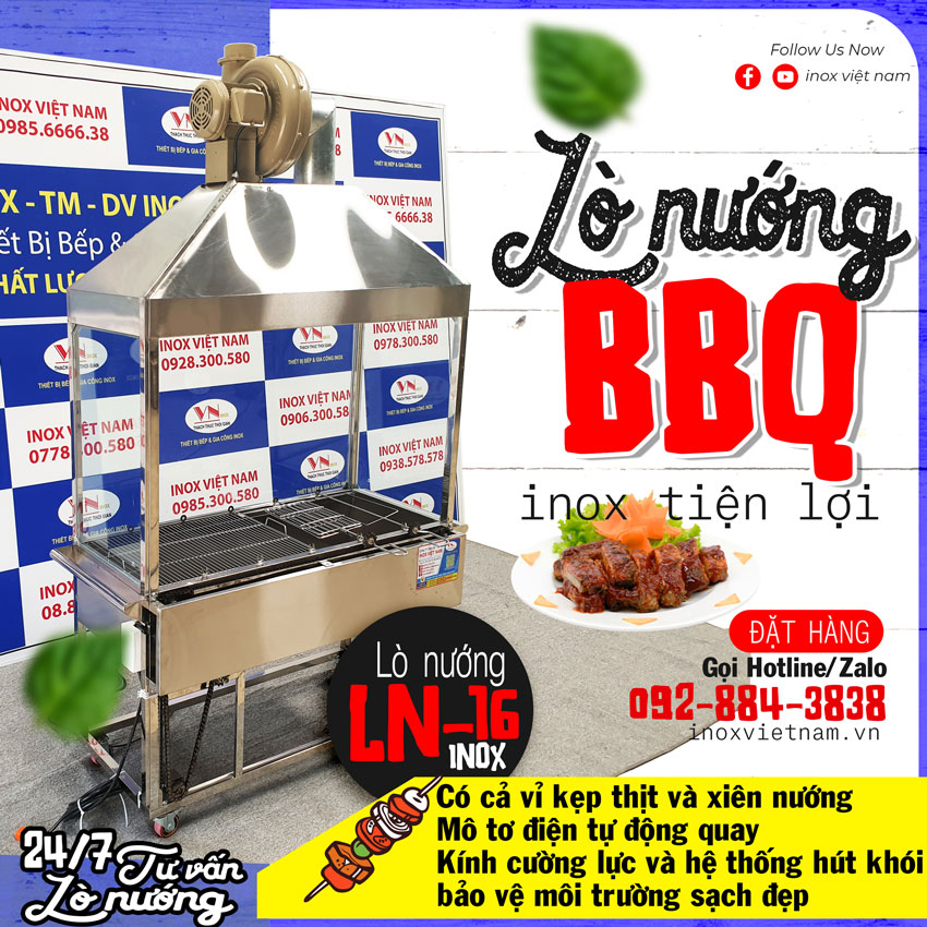 Bếp nướng than inox BBQ chân cao tự quay có ống hút khói LN-16 giá tốt tại Inox Việt Nam