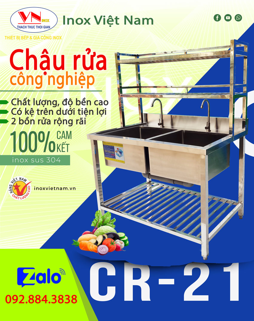 Mẫu chậu rửa inox 304 quán cafe có kệ trên CR-21