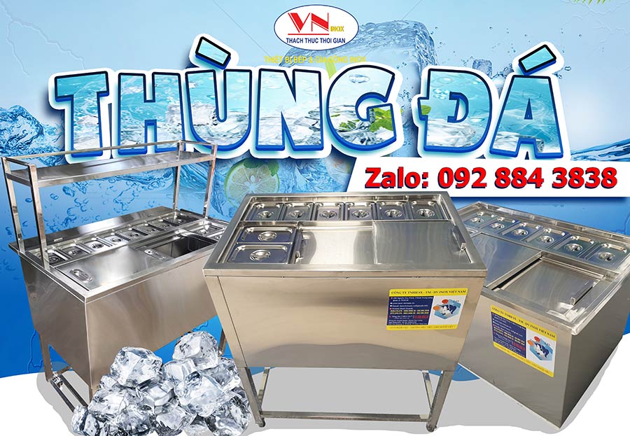 Mẫu thùng đựng đá inox chân cao có khay topping giá tốt kích thước mẫu mã đa dạng tại showrom Inox Việt Nam sản xuất trưng bày