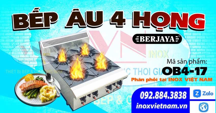 Đây là mẫu bếp âu berjaya 4 họng chính hãng giá tốt OB4-17 khi mua tại Inox Việt Nam nơi chuyên cung cấp bếp âu nhập khẩu chính hãng giá tốt