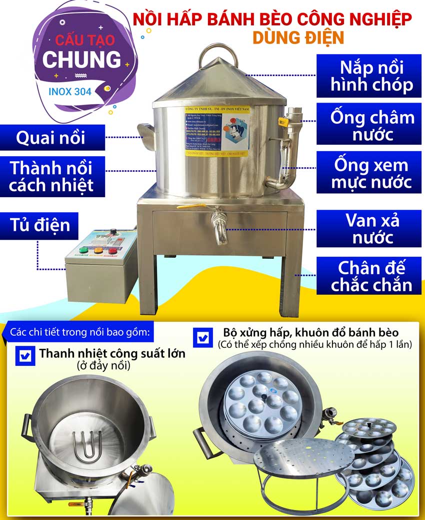 Cấu tạo nồi điện hấp bánh bèo xoáy công nghiệp, nồi hấp bánh bèo bằng điện, nồi hấp cách thủy giá tốt chất lượng thương hiệu Inox Việt Nam