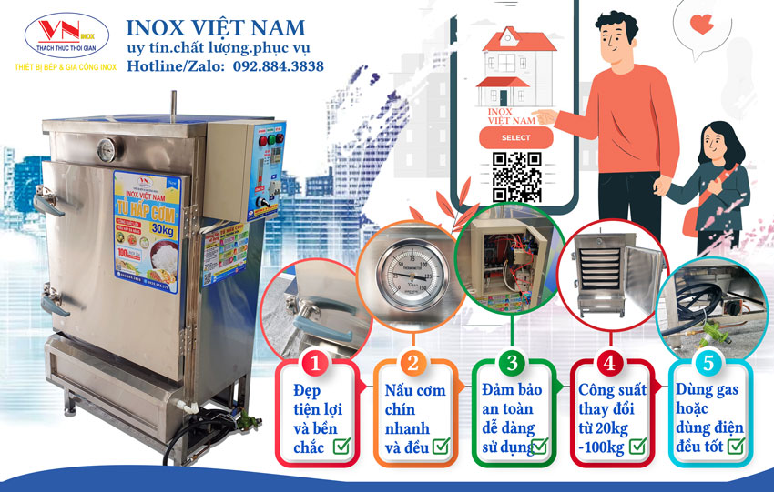 Tủ hấp bánh bao công suất lớn sử dụng điện giá tốt chất lượng tại Inox Việt Nam, hấp được bánh bao, cơm, bánh bèo và nhiều loại thực phẩm khác nhau