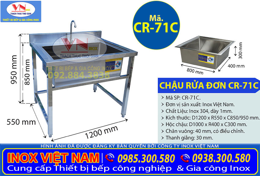 Thông số kỹ thuật chậu rửa chén 1 ngăn lớn CR-71C