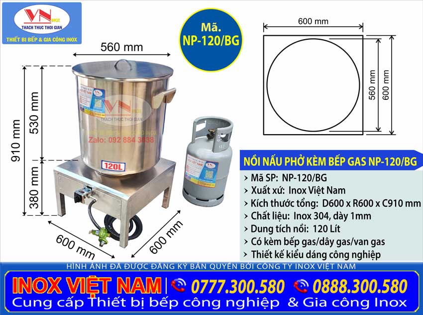 Kích thước nồi inox nấu phở kèm theo là bếp gas công nghiệp công suất lớn giá tốt giúp bạn dễ dàng sử dụng