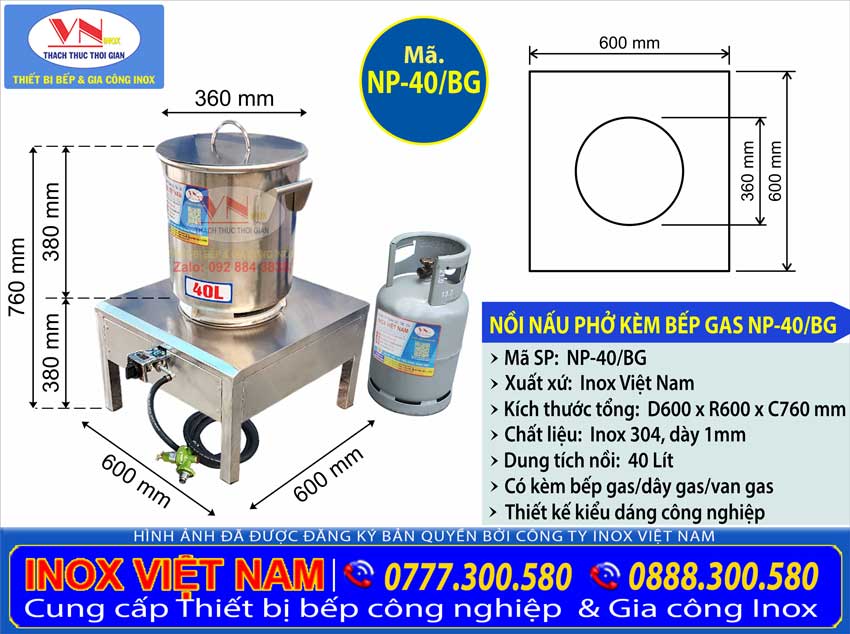 Kích thước nồi inox nấu phở 40 lít kèm theo là bếp gas công nghiệp, sản phẩm nấu đa năng chất lượng