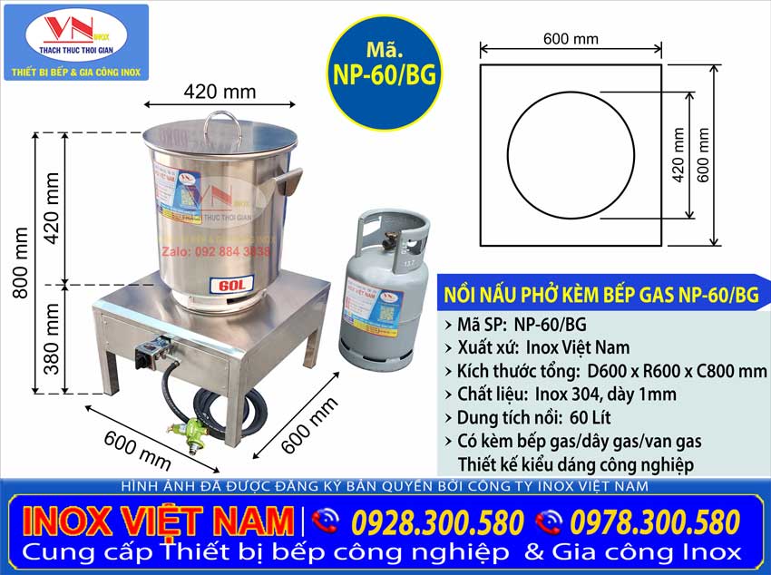 Kích thước nồi inox nấu phở kèm theo là bếp gas công nghiệp công suất lớn giúp bạn dễ dàng sử dụng