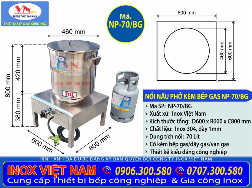 Nồi inox nấu phở 70 lít kèm bếp gas công nghiệp riêng biệt có công suất lớn giúp bạn thuận tiện nấu hầm công thức nấu phở khi mở quán