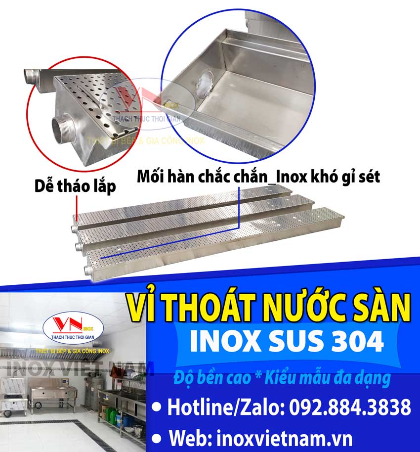 Vỉ thoát nước dưới mặt sàn nhà bếp bằng inox 304 giúp bề mặt sàn luôn khô ráo và vệ sinh nhà bếp trở nên đơn giản hơn