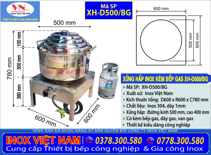 Thông số kỹ thuật bộ xửng hấp inox kèm bếp gas XH-D500/BG