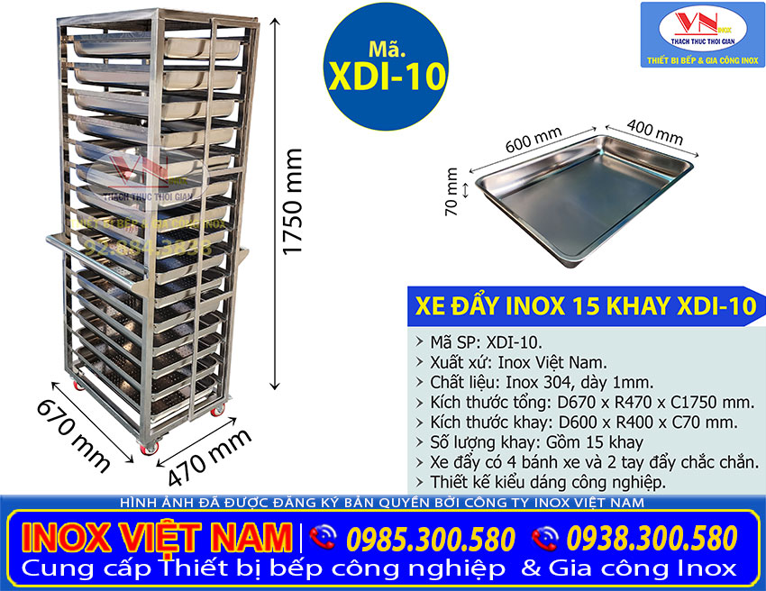 Thông số kỹ thuật xe inox đẩy thức ăn 15 khay XDI-10