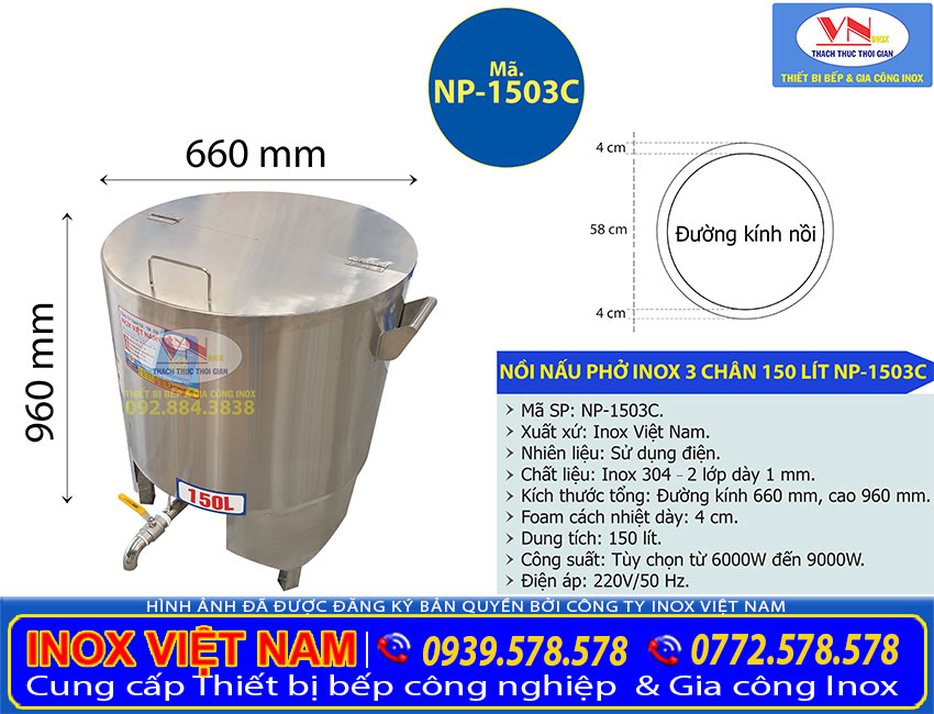 Thông số kỹ thuật nồi điện nấu phở inox 3 chân 150 lít giá tốt uy tín NP-1503C