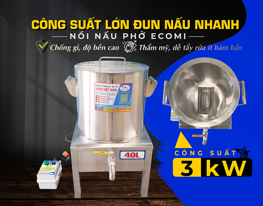 Nồi nấu phở điện ecomi công suất lớn giá tốt tại nhà Inox Việt Nam, đơn vị sản xuất nồi nấu phở bằng điện uy tín hiện nay từ nhiều năm qua