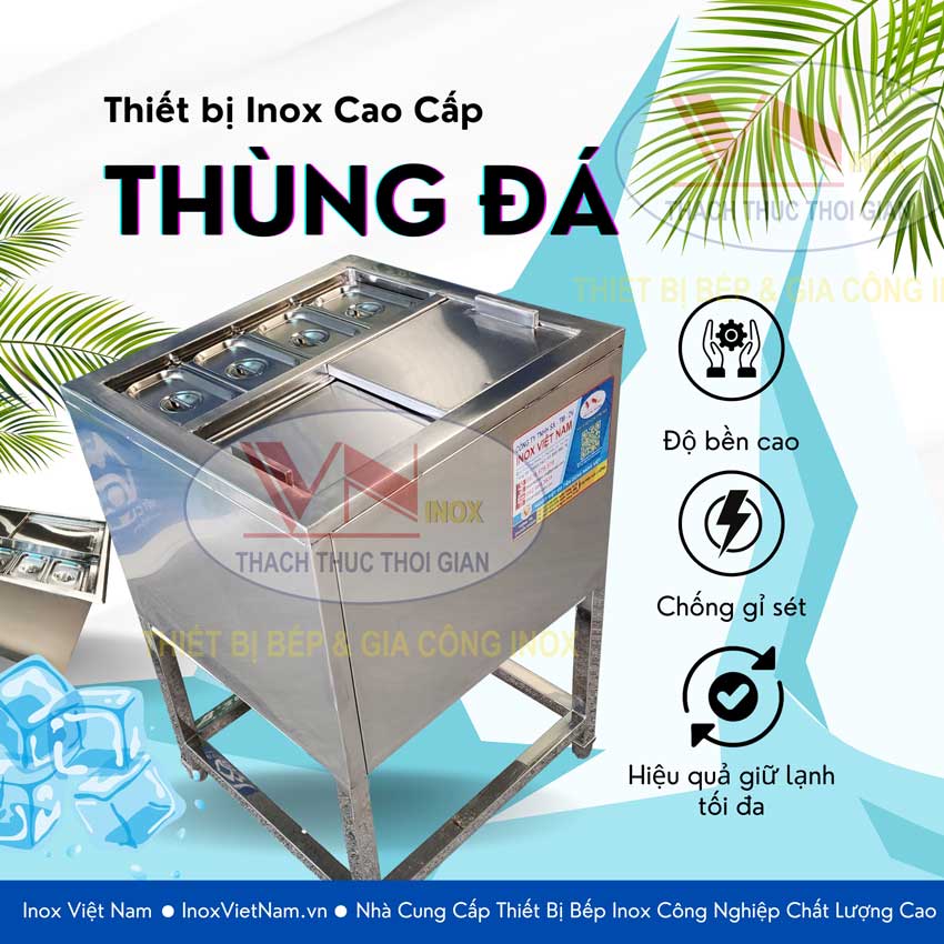 Thùng đá inox topping có chân cao giá tốt. Hãy liên hệ Inox Việt Nam để có được nhiều mẫu thùng đá inox topping đẹp đúng kích thước theo yêu cầu nhé!