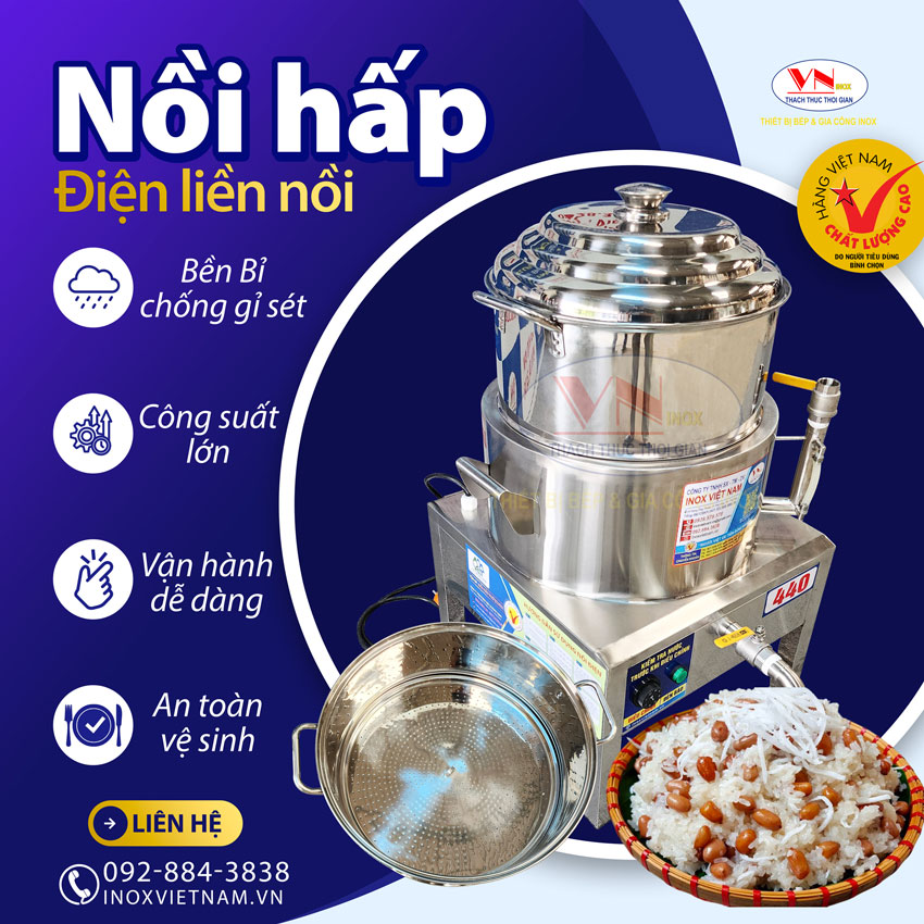 Mẫu nồi inox hấp công nghiệp bằng điện liền nồi giá tốt tại xưởng sản xuất Inox Việt Nam chúng tôi.