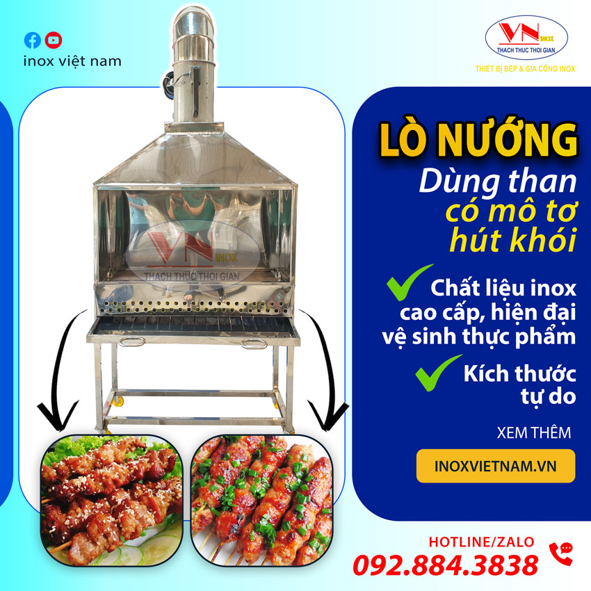 Inox Việt Nam là địa chỉ bán lò nướng than inox có ống hút khói và mô tơ quay tự động uy tín tại tphcm, và nhiều mẫu khác tại xưởng sản xuất