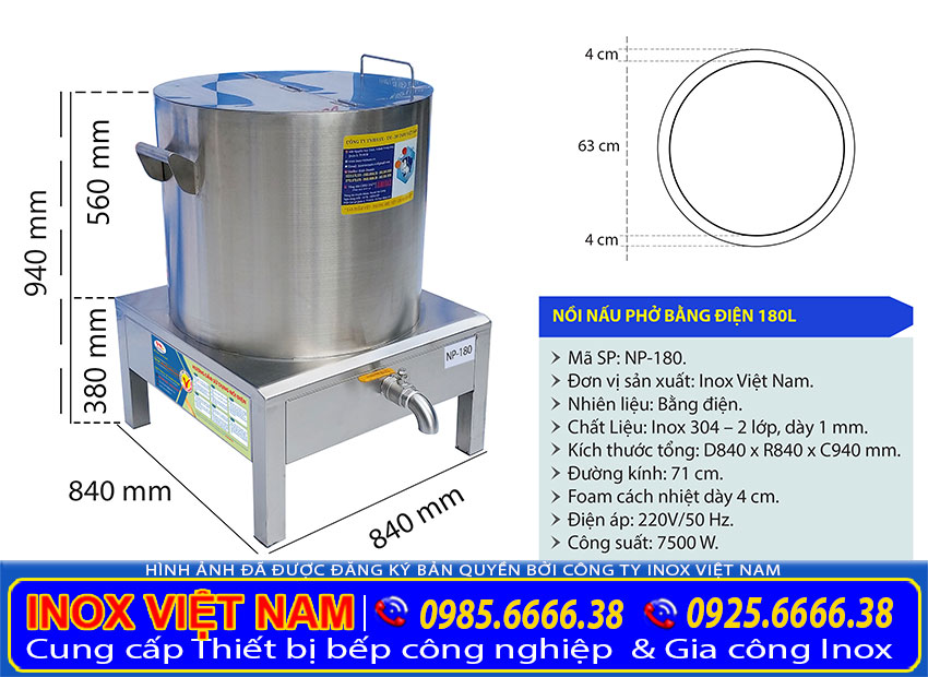 Thông Số Kỹ Thuật Nồi Inox Điện Nấu Phở 180 Lít NP-180