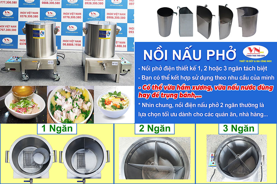 Nồi nấu phở bằng điện 180 lít với 2 ngăn hoặc 3 ngăn khi bạn trang bị thêm các phụ kiện